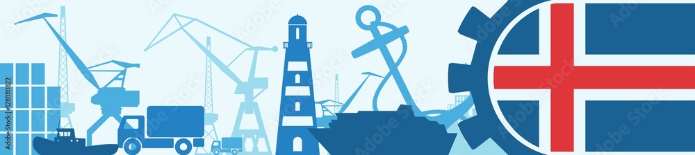Fototapeta premium Cargo port relative icons set. Iceland flag in gear. Vector illustration for web banner or header