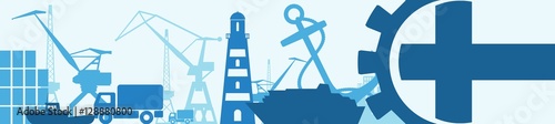 Cargo port relative icons set. Finland flag in gear. Vector illustration for web banner or header