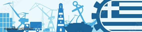 Cargo port relative icons set. Greece flag in gear. Vector illustration for web banner or header