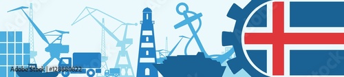 Cargo port relative icons set. Iceland flag in gear. Vector illustration for web banner or header