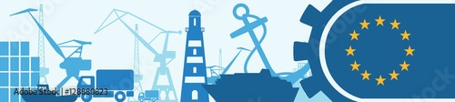 Cargo port relative icons set. European Union flag in gear. Vector illustration for web banner or header