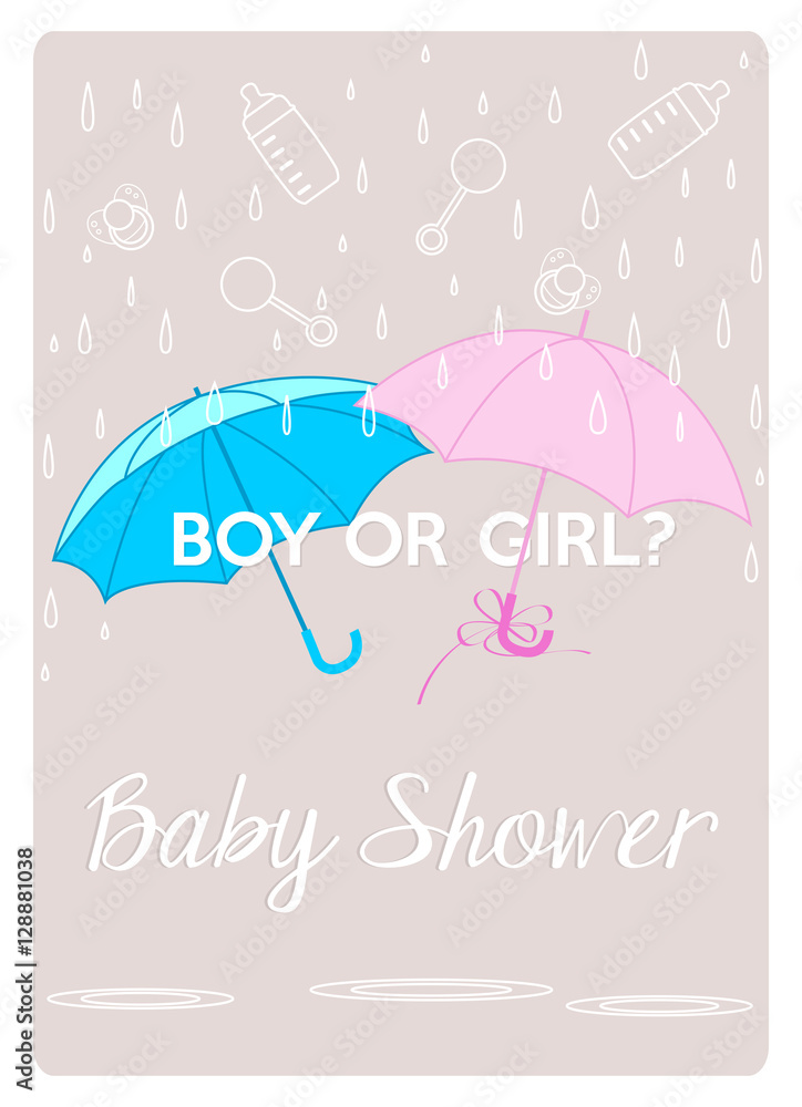 baby shower invitation gender reveal card with two umbrellas pink and blue under raindrops Stock