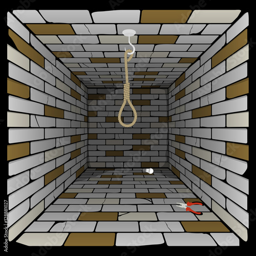 brick box in perspective. 3d room with a hook on the ceiling and a rope for gibbet