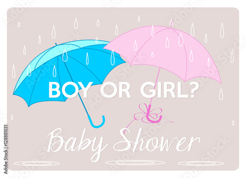 baby shower invitation gender reveal card with two umbrellas pink and blue under raindrops