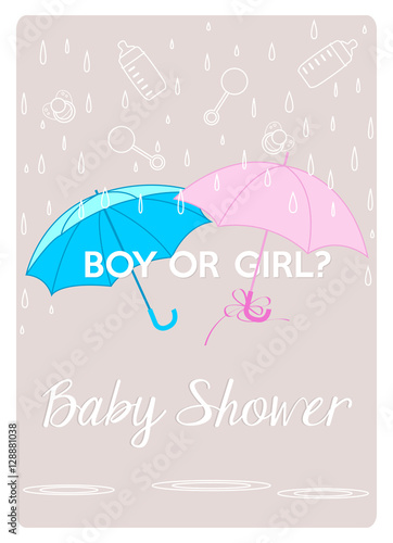 baby shower invitation gender reveal card with two umbrellas pink and blue under raindrops