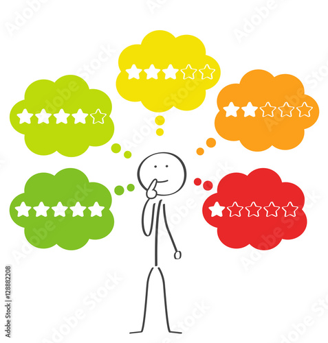 Strichmännchen denkt über eine weiße Sterne Bewertung nach