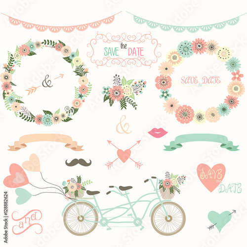 Vintage Wedding Floral Collection.Flora,Wreath,Laurel,Lace,Wedding Bicycle ,Wedding invitation