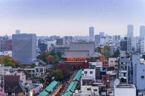 Top View of Tokyo skyline with Tourists walk on Nakamise Dori in
