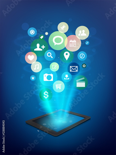 Black tablet with abstract cloud of application icons