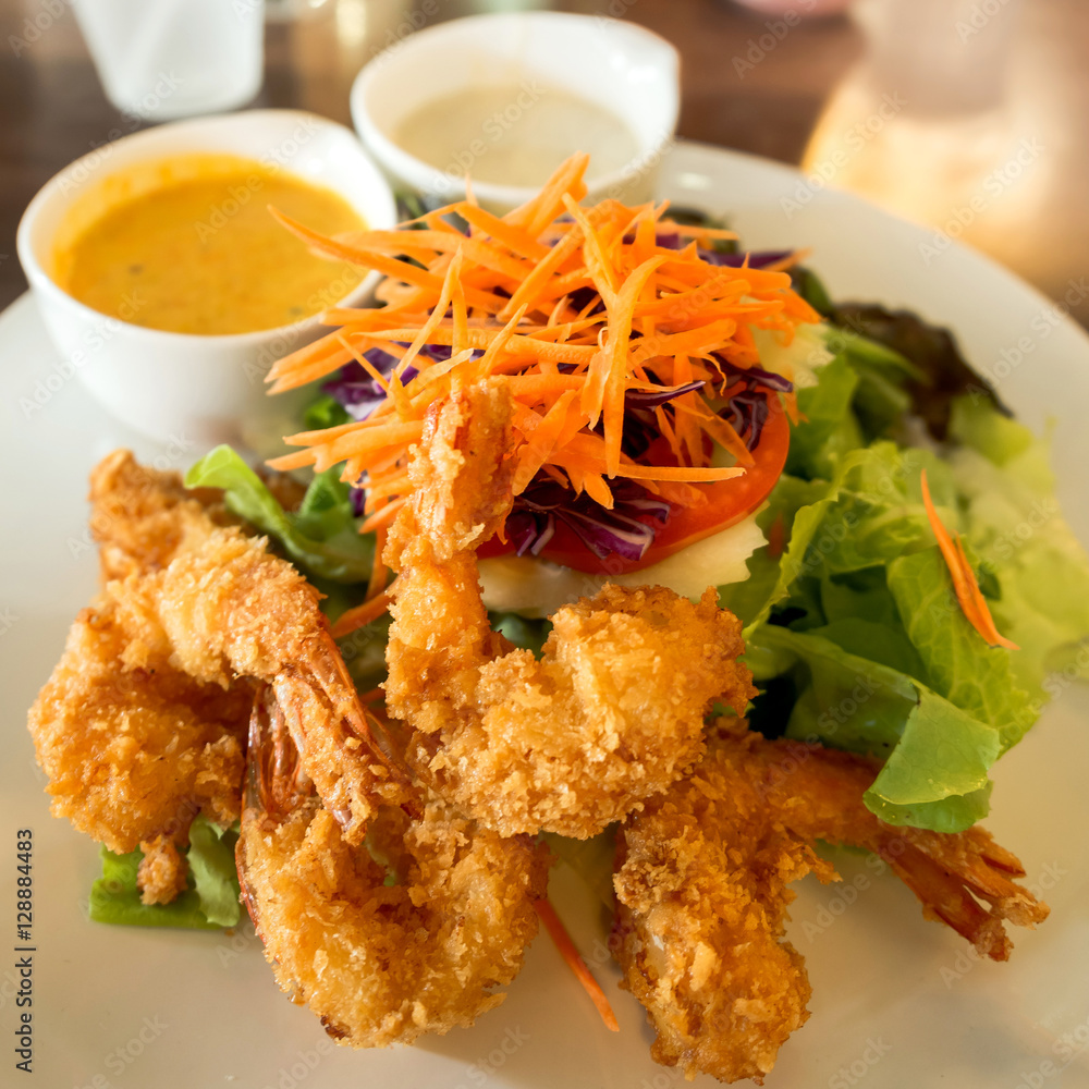 Fried Shrimp Salad with dressing and fruit dressing Fried Shrimp Salad with dressing and fruit dressing