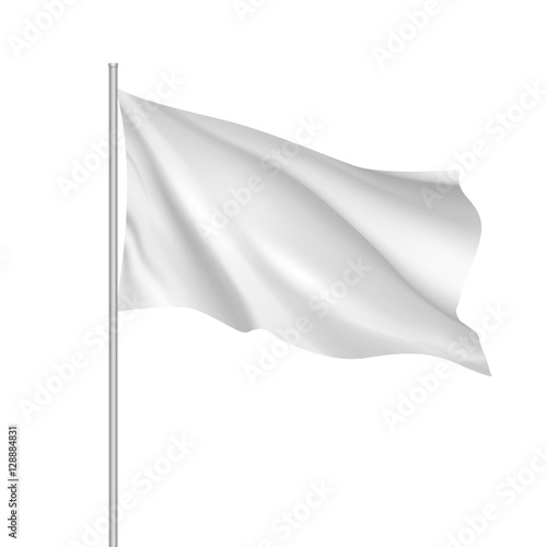 White waving flag template. Clean horizontal flag, for your design. Empty blank of flag on flagpole. Vector 3d mockup. photo
