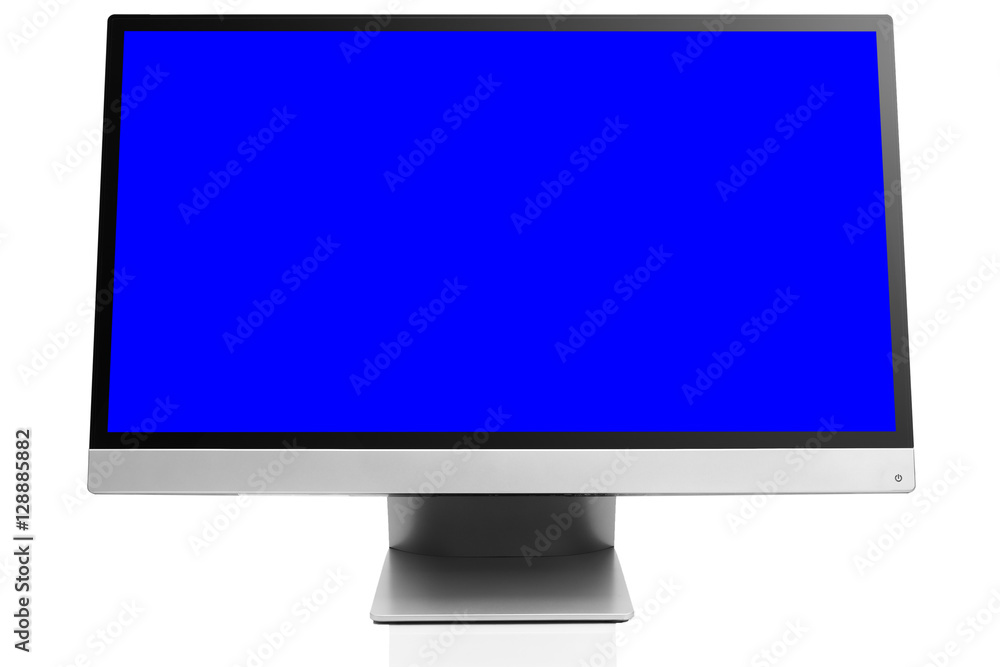Sleek modern computer display with blank blue chroma key screen, front view tilted and isolated on white background with reflection Sleek modern computer display with blank blue chroma key screen, front view tilted and isolated on white background with reflection