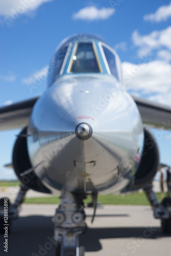 Frontal view of jet aircraft in exhibit at the Windsor Aviation