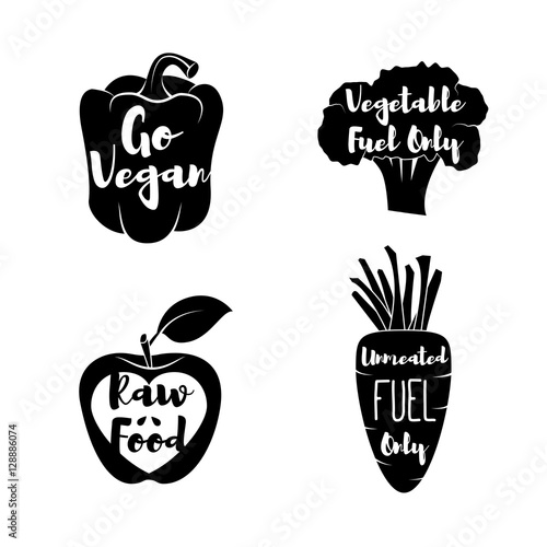 Vegan Labels set. - Cocept. doodle - Sweet Pepper. Red Apple. Green Broccoli. Carrot. Vector Illustration