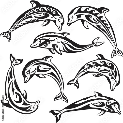 Set of decorated dolphins on black