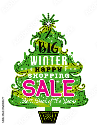 Poster with Christmas tree, snowflakes and sale offer, vector