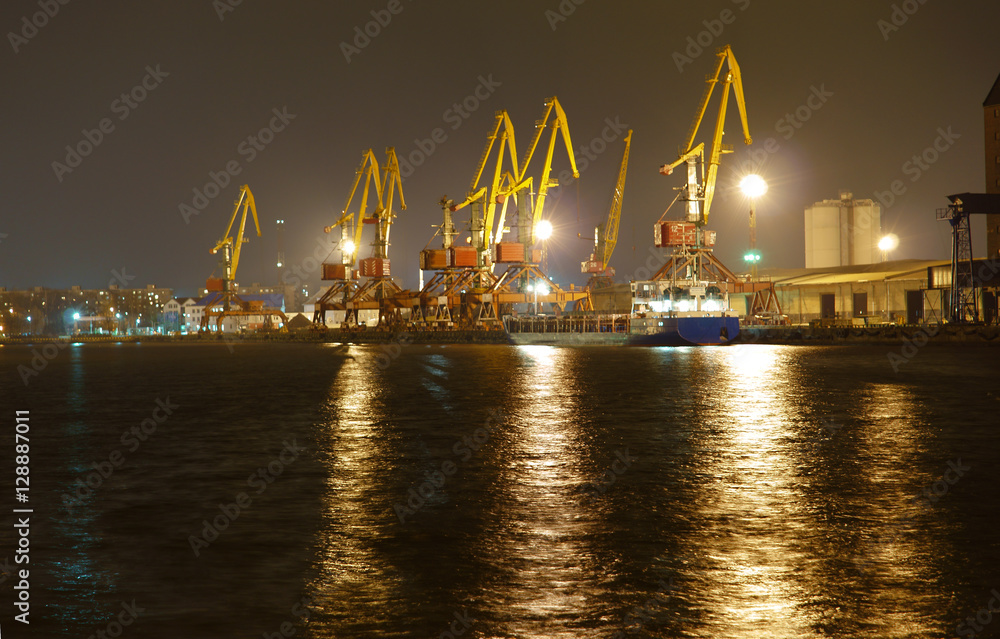 Sea port at night. Night view of the commercial sea port of Kaliningrad. 2016.