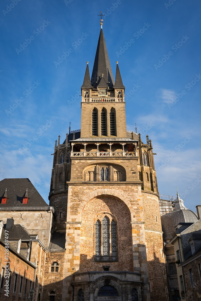 Tower of Aachen Cathedral seen from the west, Germany Tower of Aachen Cathedral seen from the west, Germany