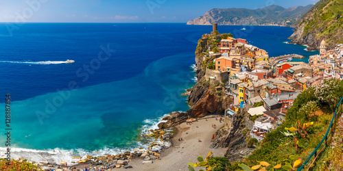 Aerial panoramic view of Vernazza fishing village in Five lands and Mediterranean Sea, Cinque Terre National Park, Liguria, Italy.