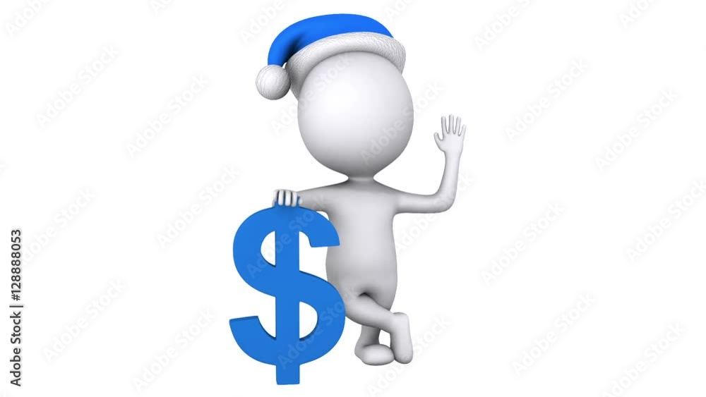3d white man santa claus stand with blue dollar sign. Wave hello. Render christmas footage. Money concept. 3d white man santa claus stand with blue dollar sign. Wave hello. Render christmas footage. Money concept.