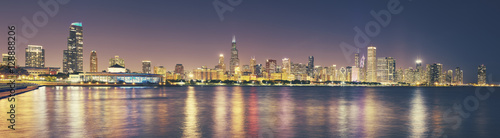 Retro toned panoramic picture of Chicago city skyline at night  USA.