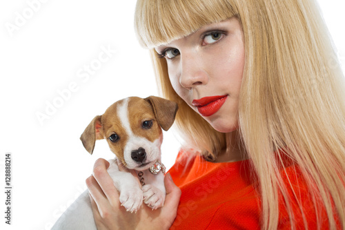 blonde woman with a puppy Jack Russell
