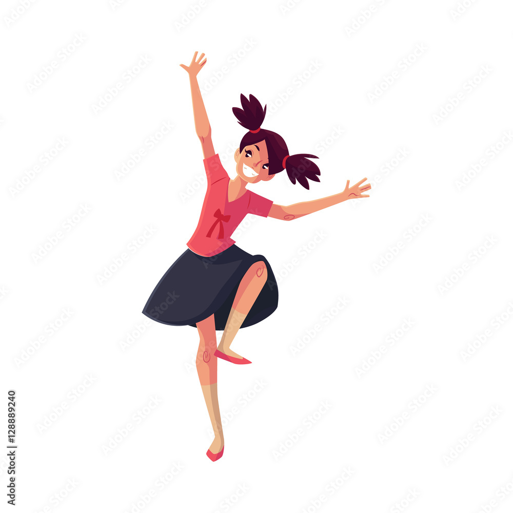Full length portrait of teenaged black haired girl with ponytails dancing, cartoon style vector illustration isolated on white background. Smiling girl with ponytails dancing in pink and black clothes Full length portrait of teenaged black haired girl with ponytails dancing, cartoon style vector illustration isolated on white background. Smiling girl with ponytails dancing in pink and black clothes