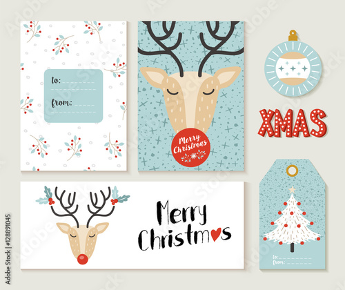 Merry Christmas Deer greeting card and label set