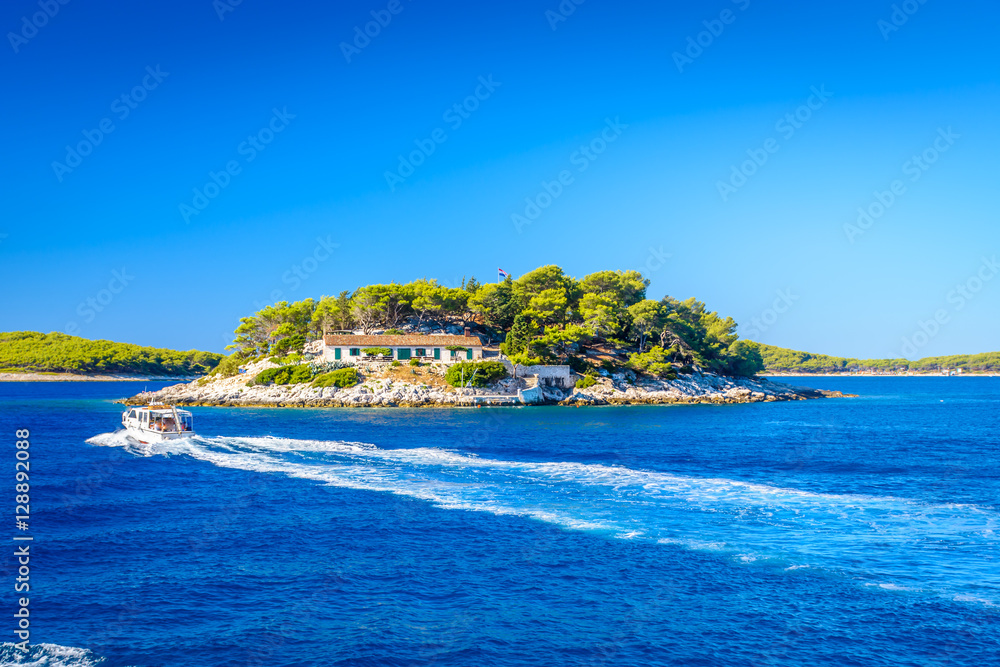 Croatia Hvar island seascape. / Waterfront view at island in Adriatic Sea in front of town Hvar, Hell's Islands, Croatia summertime