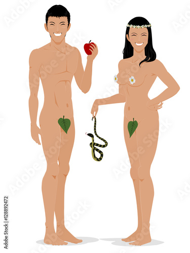 Adam is holding an apple and Eve is hoding a snake on transparent background
