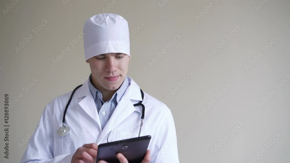 Thinking doctor working with tablet on background in 4K