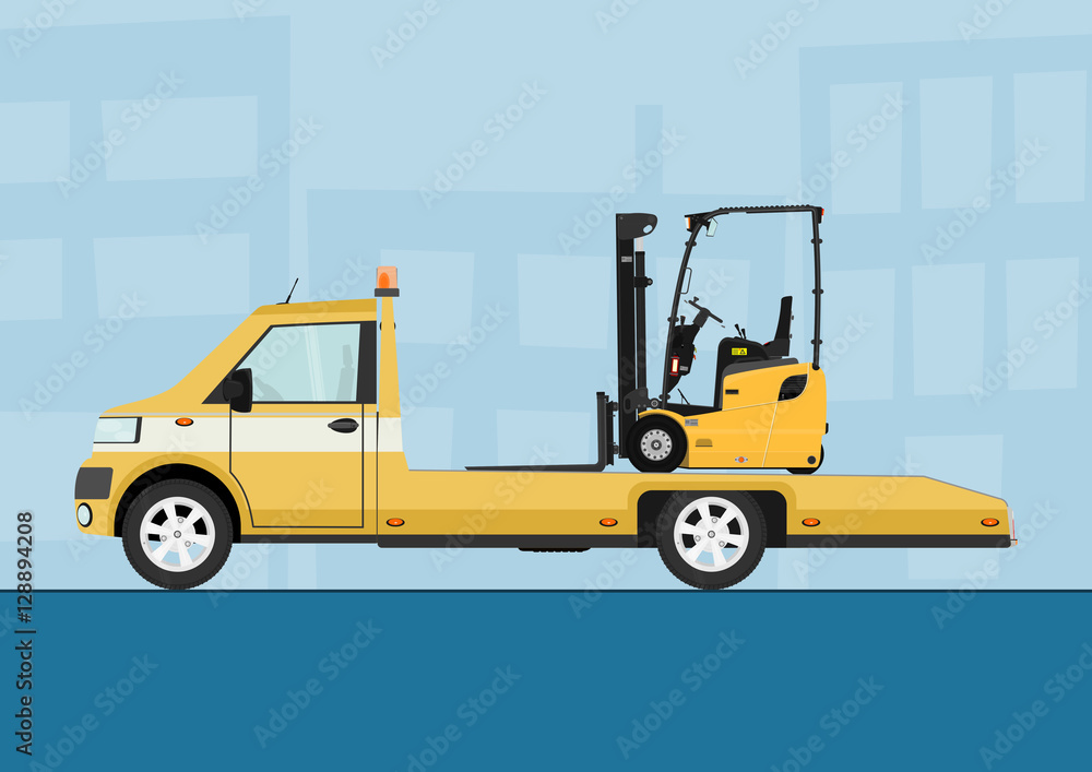 Small truck carrying a forklift. Flat vector.