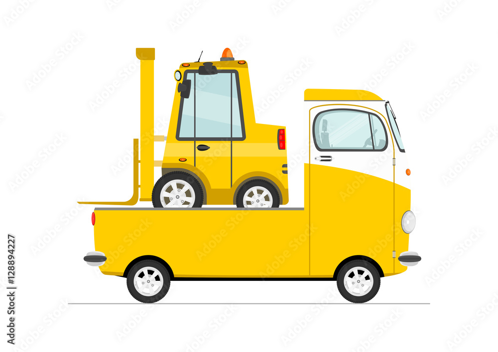 Small truck carrying a forklift. Flat vector.