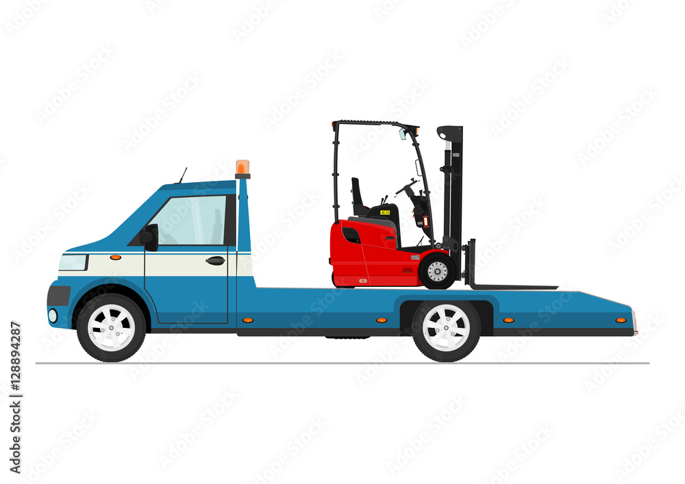 Fototapeta premium Small truck carrying a forklift. Flat vector.