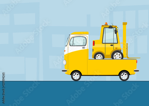 Small truck carrying a forklift. Flat vector.