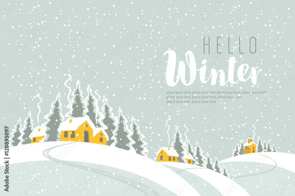 Naklejka premium winter landscape with village and church in the woods