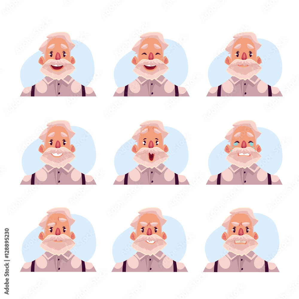 Grey haired old man face expression, set of cartoon vector illustrations isolated on blue background. Old man, grandfather emoji face icons, set of male avatars with different emotions Grey haired old man face expression, set of cartoon vector illustrations isolated on blue background. Old man, grandfather emoji face icons, set of male avatars with different emotions