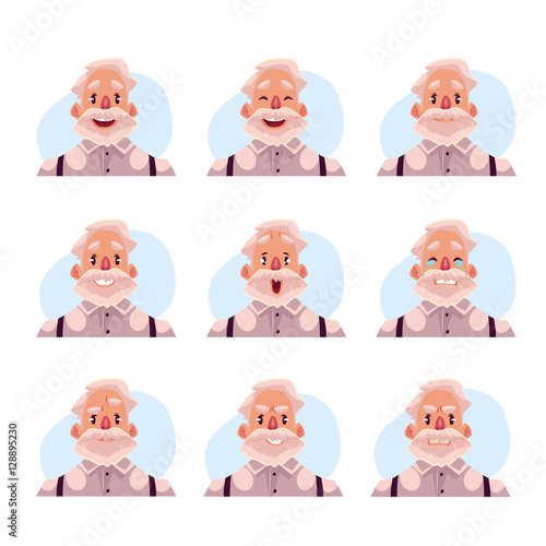 Grey haired old man face expression, set of cartoon vector illustrations isolated on blue background. Old man, grandfather emoji face icons, set of male avatars with different emotions