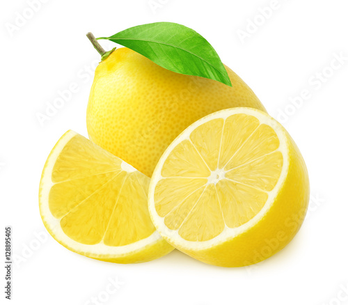 One whole lemon fruit and half with a piece isolated on white
