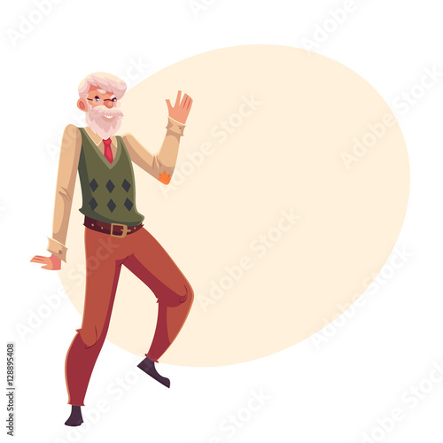 Old, senior, gray-haired man dancing happily, cartoon style vector illustration isolated on yellow background with place for text. Full length portrait of old gentleman ,moustache and beard dancing