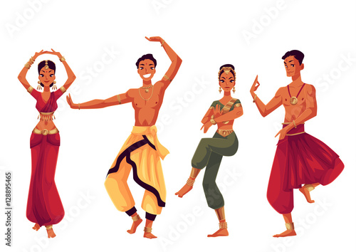 Indian dancers in traditional costumes, cartoon vector illustration isolated on white background. Traditional Indian male and female dancers in national costumes, sari, harem pants, Bollywood