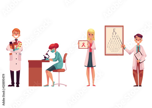 Doctors - pharmacist, laboratory, assistant, oncologist and ophthalmologist, cartoon vector illustration isolated on white background. Male, female medical workers, doctors, health care professionals