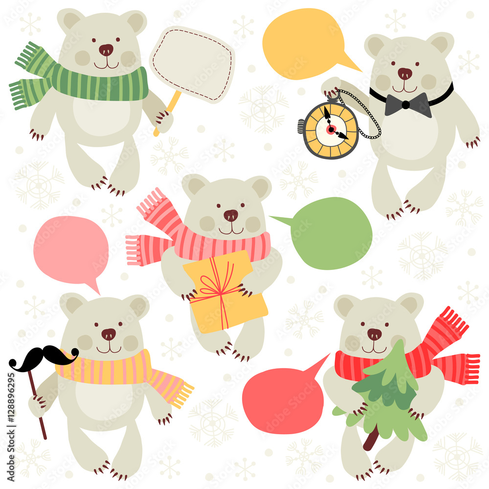 Set of illustrations with a polar bear. Traditional greetings