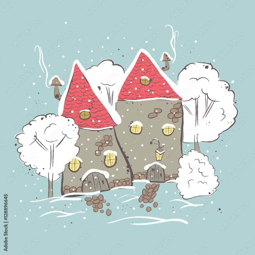 beautiful winter suburbs. Winter scene with house and trees. Suitable for printing on T-shirt or sweater, t-shirt design, sketch of a house, Children's clothing shirt. Cute winter landscape beautiful winter suburbs. Winter scene with house and trees. Suitable for printing on T-shirt or sweater, t-shirt design, sketch of a house, Children's clothing shirt. Cute winter landscape