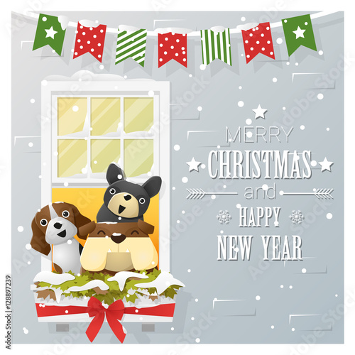 Merry Christmas and Happy New Year greeting card with dog family , vector , illustration