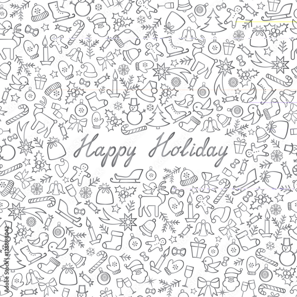 Christmas Icons Seamless Pattern. Happy Winter Holiday Wallpaper Greeting card, handwritten lettering Happy Holiday
