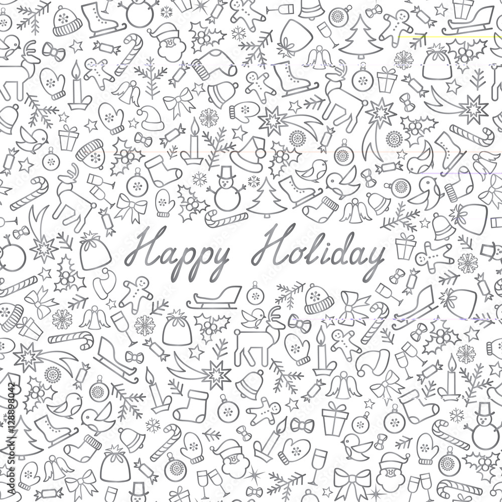 Christmas Icons Seamless Pattern. Happy Winter Holiday Wallpaper Greeting card, handwritten lettering Happy Holiday Christmas Icons Seamless Pattern. Happy Winter Holiday Wallpaper Greeting card, handwritten lettering Happy Holiday