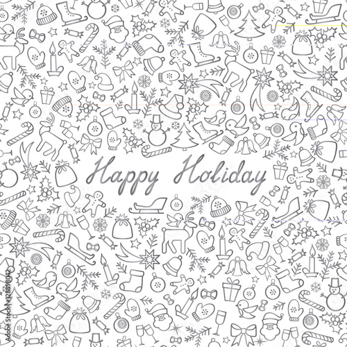 Christmas Icons Seamless Pattern. Happy Winter Holiday Wallpaper Greeting card, handwritten lettering Happy Holiday
