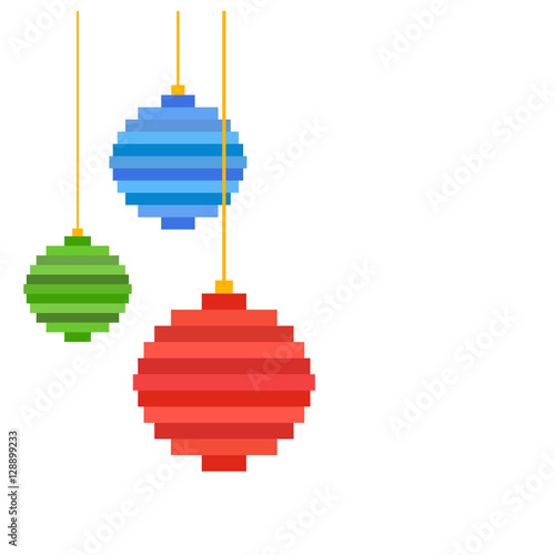 Three Pixel art Christmas tree ball. Flat design. Pine toy