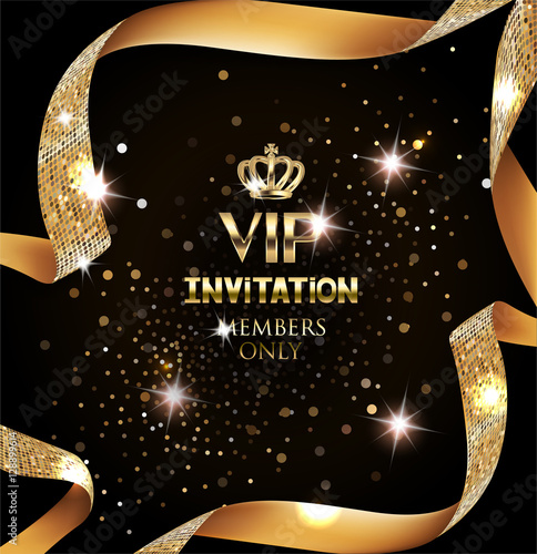 Elegant VIP invitation card with silk textured curled gold ribbon photo